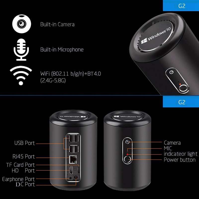 G2 MINI PC Win10 Boîte de TÉLÉVISION Ram2G Rom32G 2.5 + 5 G WIFI 200W Caméra 4K G2 Mini PC Win