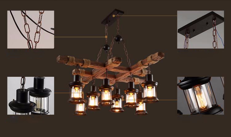Loft 8 lights metal chain cross solid wooden chandelier pendant light with transparent glass shade