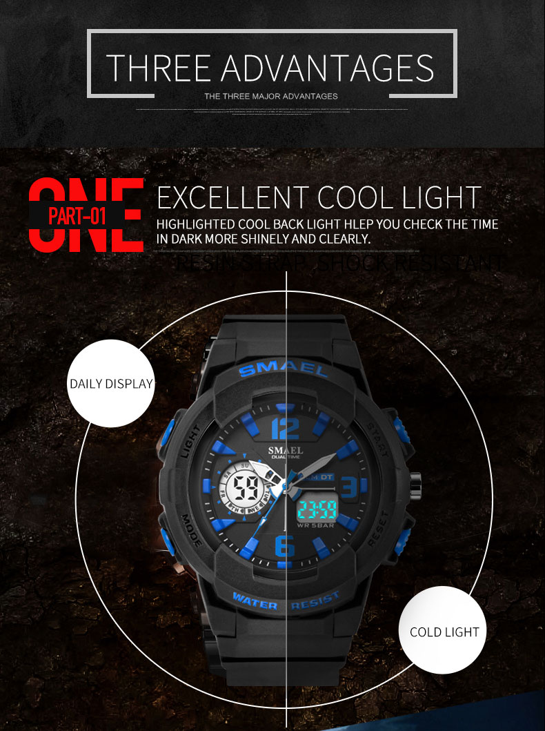 SMAEL water resistant watch sports dual display plastic double display wrist watch 1645