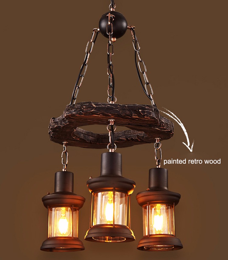 3 heads vintage iron wooden color chandelier led pendant lights modern for hotel