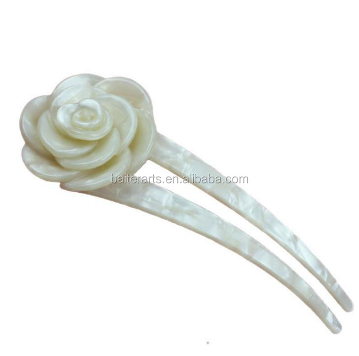 Оптовая продажа пользовательские аксессуаров для волос 2 зубцами акрил ацетата целлюлозы цветок волосы палку вилка