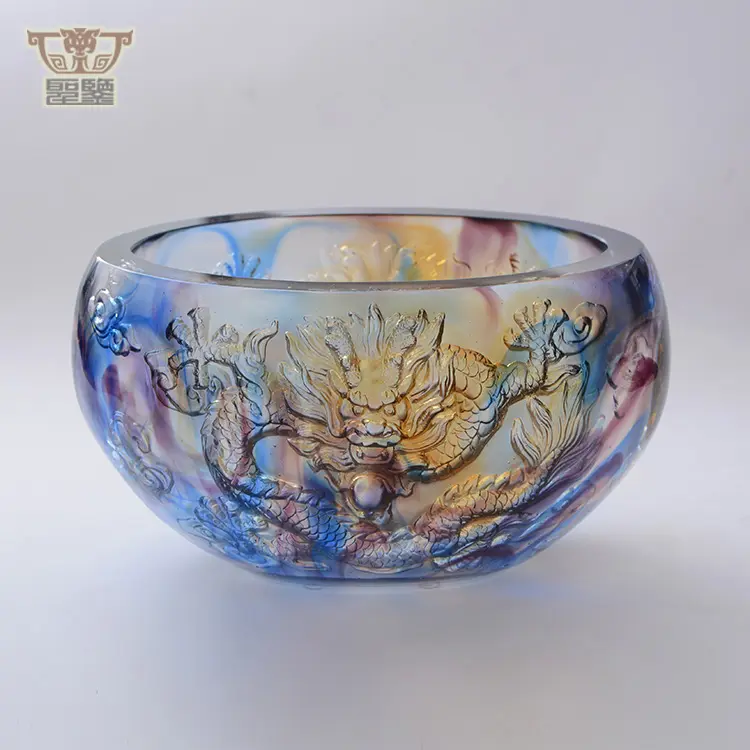 Colored Crystal Handmade Dragon Treasure Bowl Collecting Money Fengshui Decoration
