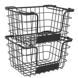 Stacking Wire Market Baskets with Chalk Label | Set of 2 | Stackable  Metal Storage Bin for Kitchen Counter