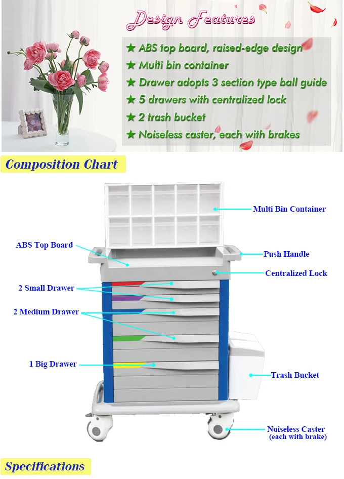 B-12 Multifunctional Abs Medical Nurse Anesthesia Trolley Cart with Wheels Hospital Trolley Hospital Furniture Steel Traditional