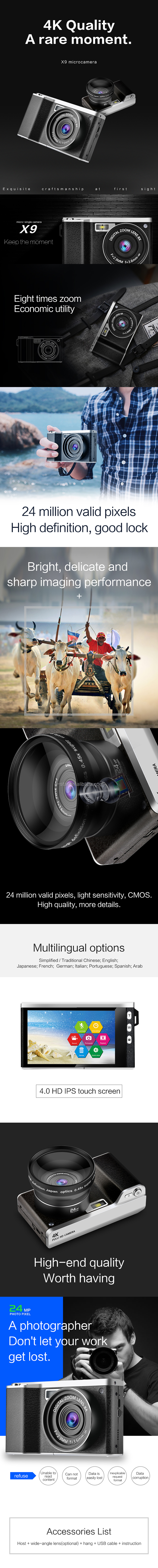 High quality professional 4 inch TFT touch screen digital camera 4K dslr camera