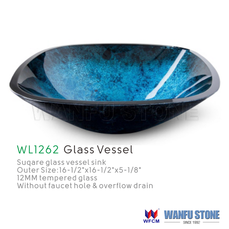 Rectangular Blue Glass Bathroom Sink Bowl Face Wash Basin