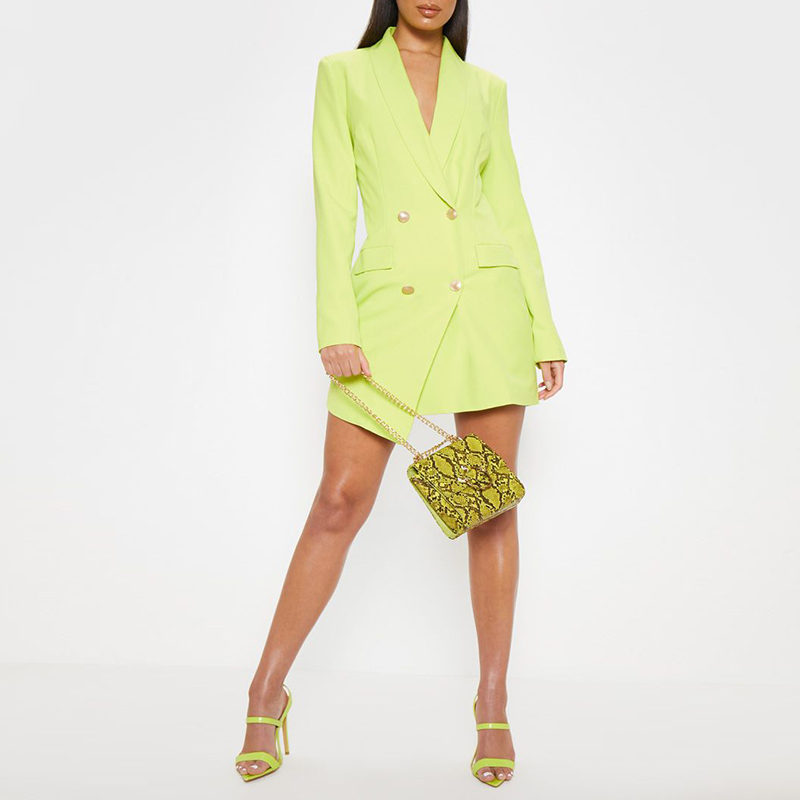 Lime Green Long Sleeve Gold Button Mini Blazer Dress Women Office Formal  Dresses