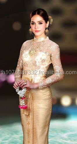 Cream Gold Lace Ruff Sleeves Thai Traditional Dress Thai National