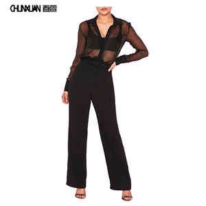 Women Sexy Crepe Blouse Black Chiffon Jumpsuit