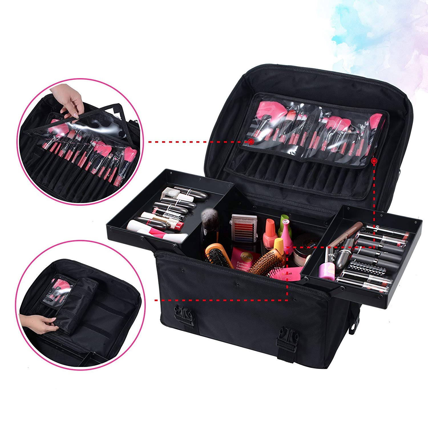 Rolling Makeup Bag Trolley 2 in 1 Travel Cosmetic Train Cases on Wheels Nylon Black Bags for Professional Make Up Artist Storage