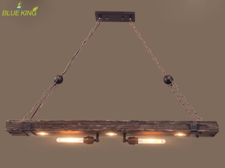 loft Vintage retro wooden led hanging lampbar hotel mall living room fixture long square ceiling chandelier pendant lights