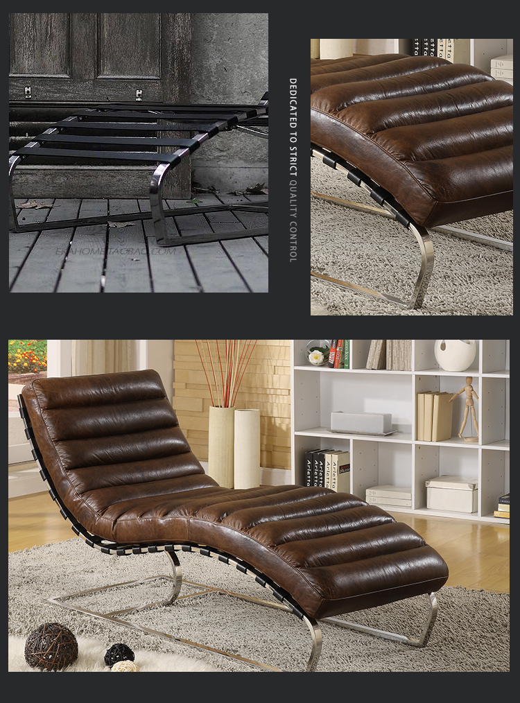 vintage leather chaise lounge sofa stainless steel frame living room daybed  comfortable single lounge chaise for bedroom