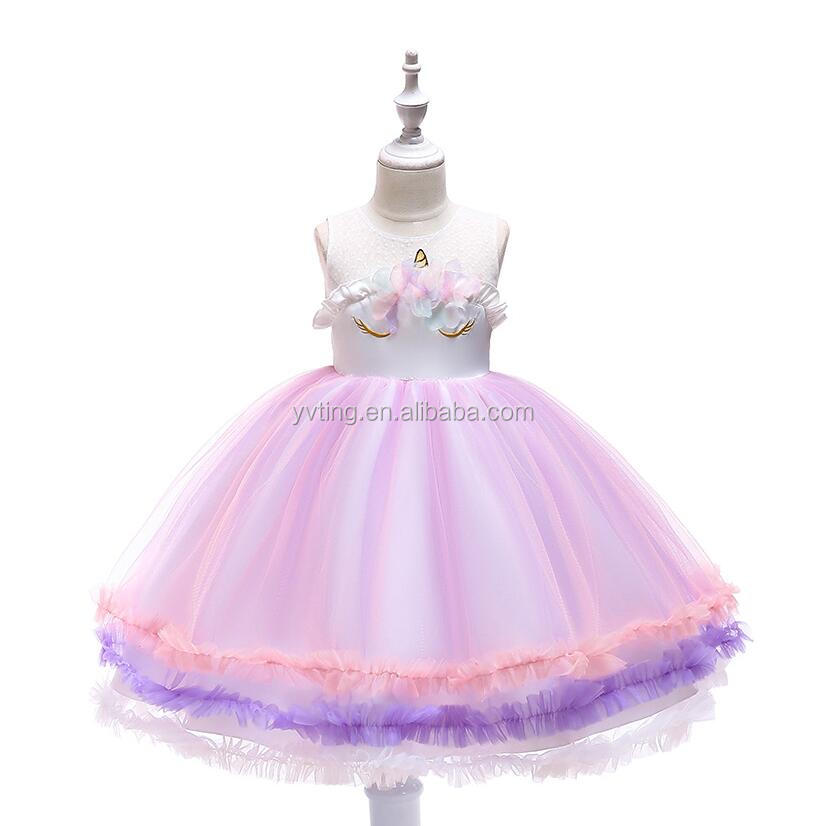Girls Unicorn Dress Children Summer Birthday Party Net Yarn PengPeng Princess Dress
