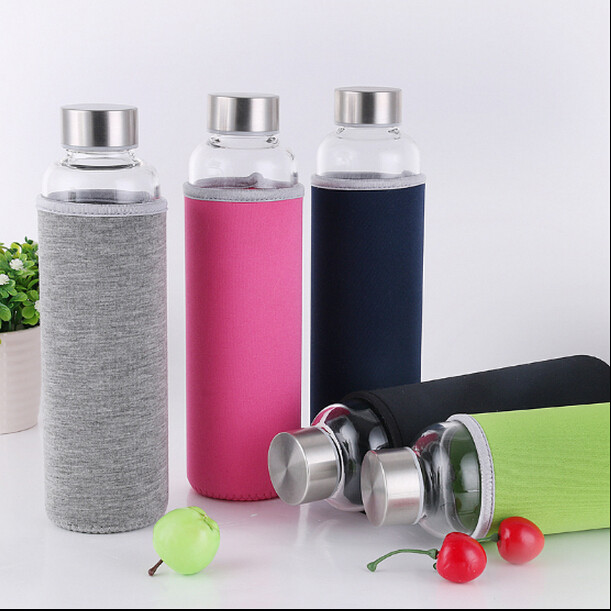 Haonai 18 oz Reusable Glass Water Bottle with Nylon Protective Sleeve and Carrying Loop,Stainless Steel lid