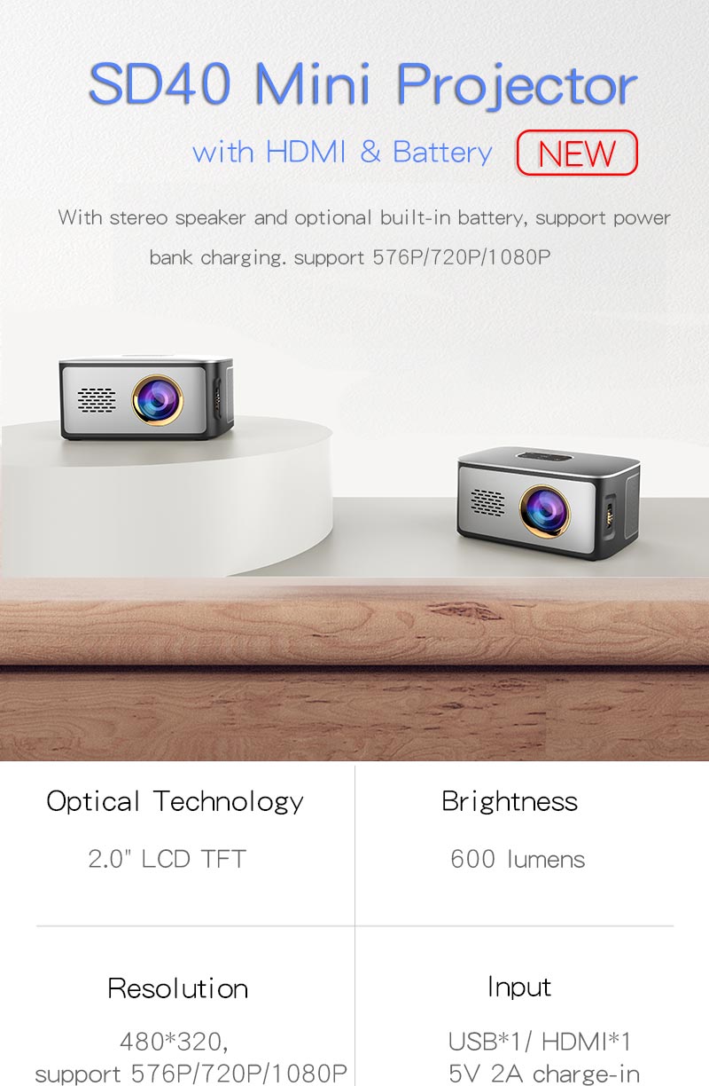4000 Mah Battery Powered Mini Projector 480*360p Up to 1080P Portable Projector HDM Imput Projector