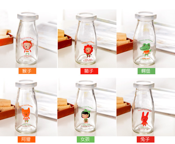250ml clear glass milk bottle,glass pudding jar with printing and PP lid.