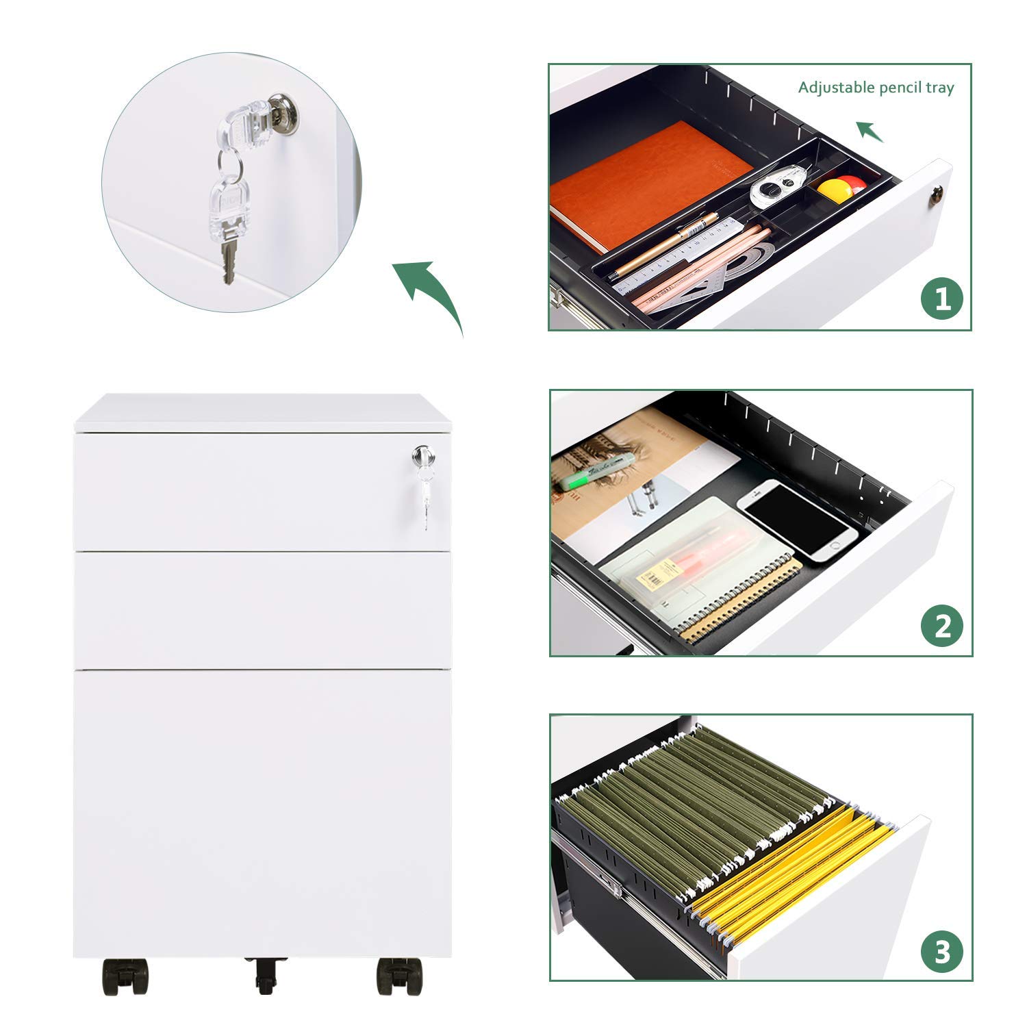 Mobile Filing Cabinet Pedestal under Desk with 3 Drawer for Lockable