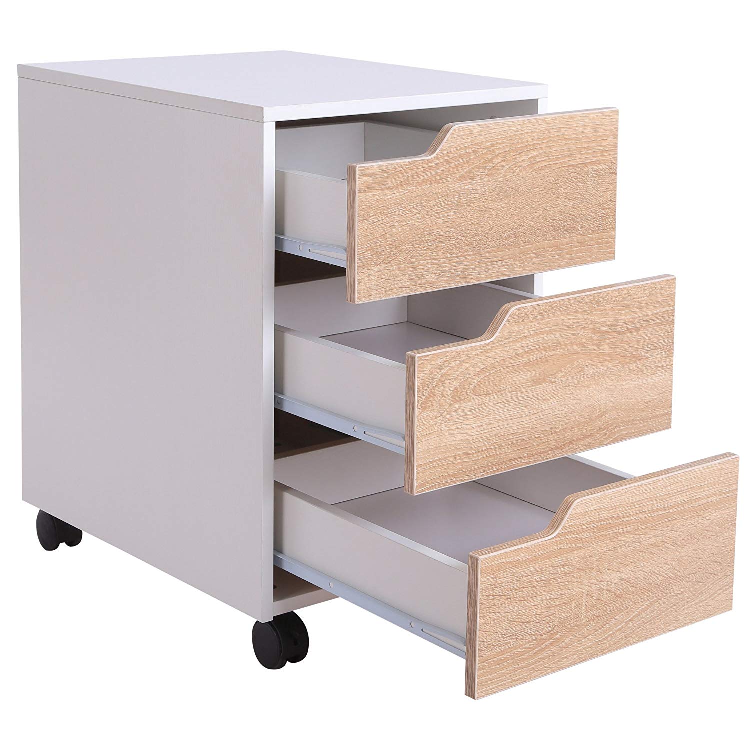 MDF Mobile File Cabinet Pedestal with 3 Drawers Lockable Casters Oak and White