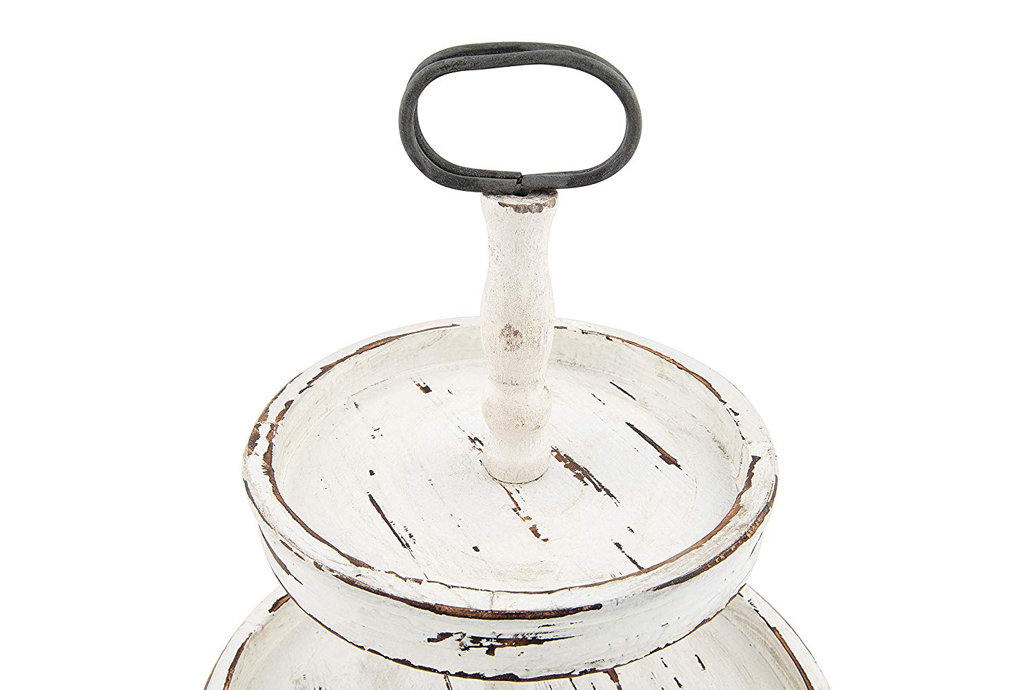YuGuang New Design Distressed Cream Round Wood Tray with  Metal Handle 2-Tier Round Wooden Tray