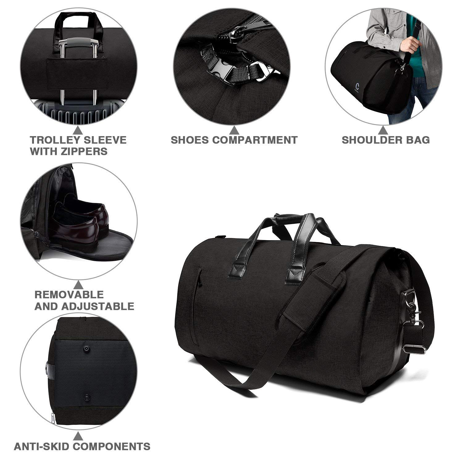 Sac &agrave; v&ecirc;tements de voyage pour hommes, sacs de week-end avec compartiment &agrave; chaussures noir