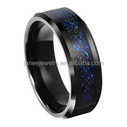 Wholesale Men's Blue Carbon Fiber Black Dragon Tungsten Carbide Celtic Ring