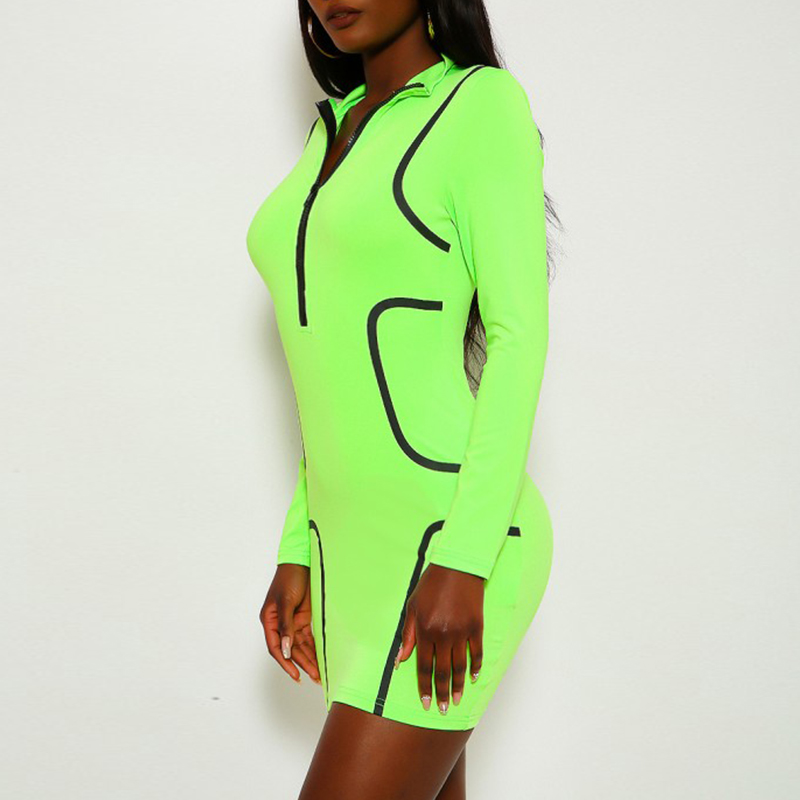 neon green zip up dress Neon Lime Green Long Sleeve Wrap Mini Sport Dress Party Women Fall Dresses