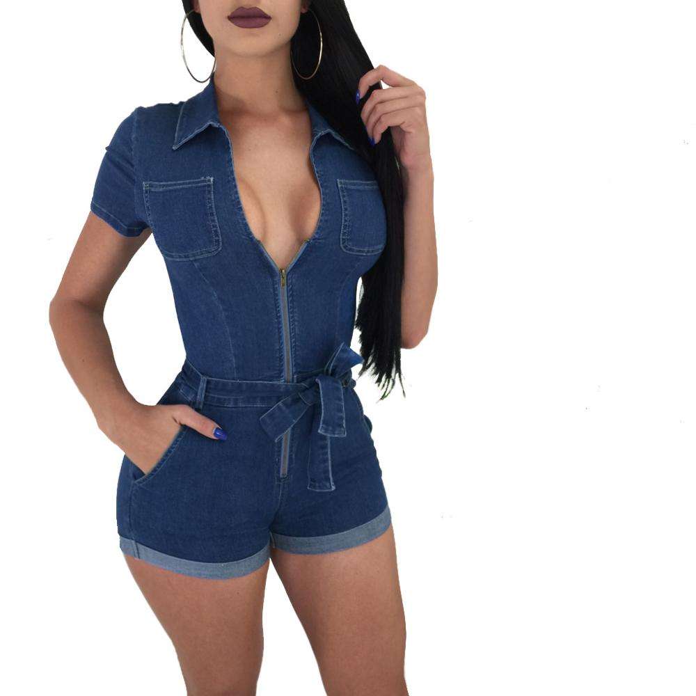denim zip up romper