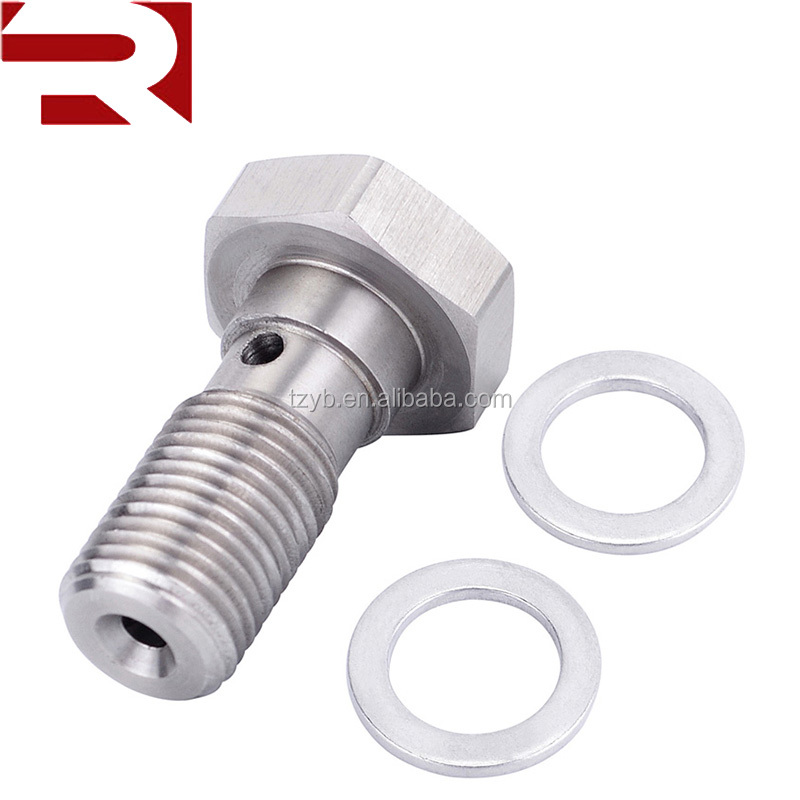 Single Banjo Bolt 20mm Length Universal Stainless Steel M10x1.0 Metric Thread Banjo Bolts Brake Fitting Adapter with M10 Copper Washers