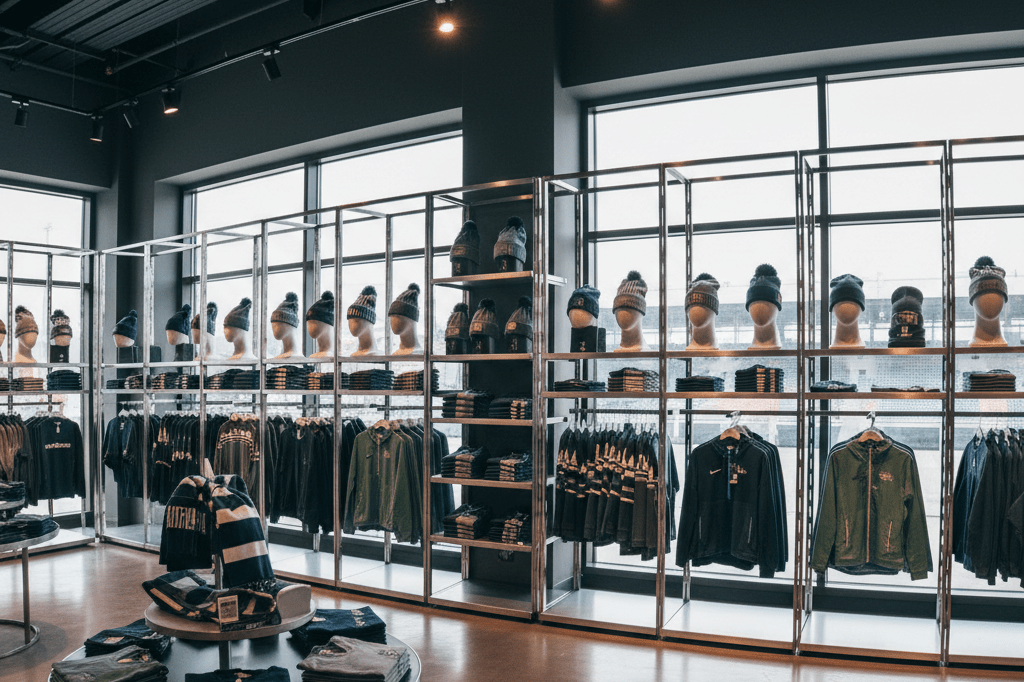 Wide shot of a visually appealing sports merchandise display highlighting seasonal products under natural and ambient light