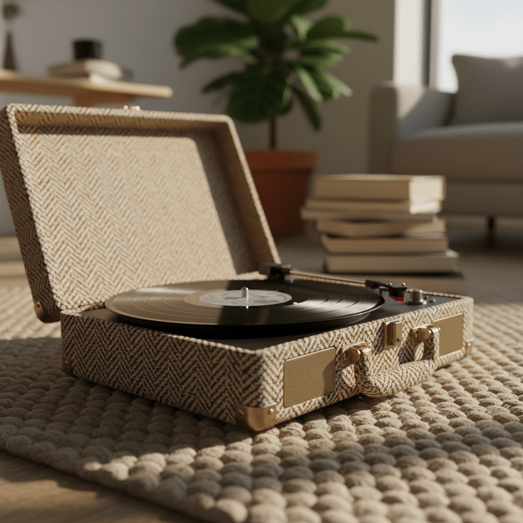 Tweed portable LP player on textured rug, warm lighting. Portable LP player in herringbone tweed on a wool rug with golden hour light.