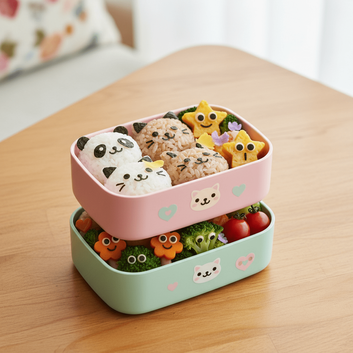 Kawaii bento box with expressive rice balls and vegetable garnishes on a polished wooden table.