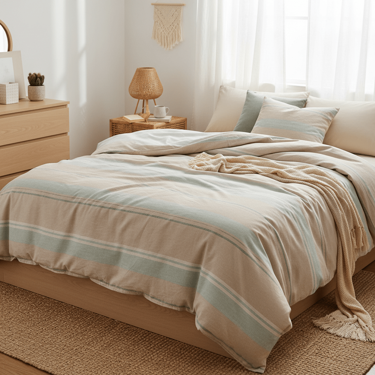 A cozy bedroom with a rumpled microfiber comforter and coastal accents.