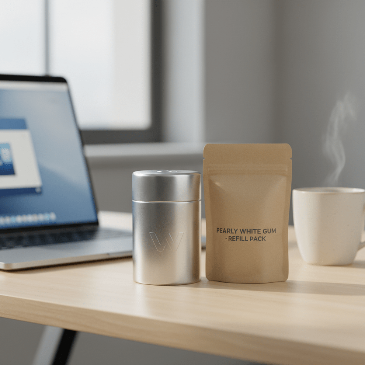 Premium teeth whitening gum packaging with aluminum tin and kraft paper refill pouch.