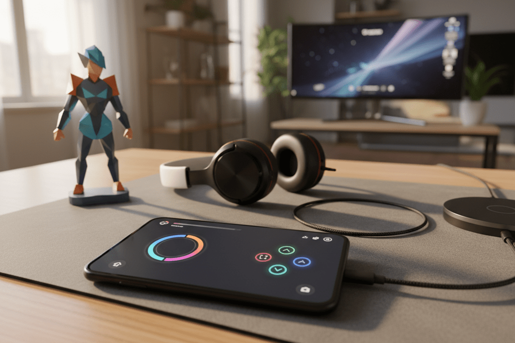 A stylish desk setup showcasing a smartphone with generic gaming UI under warm ambient lighting, evoking mobile gaming engagement