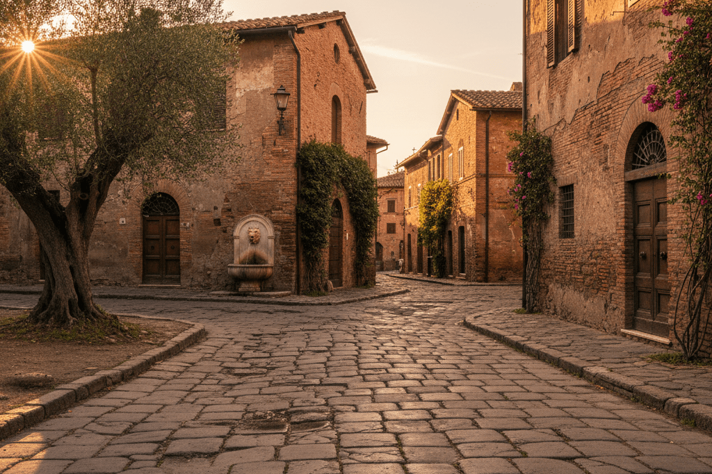 Wide-angle view of a historic Roman street bathed in natural light, showcasing its potential as a film-worthy location