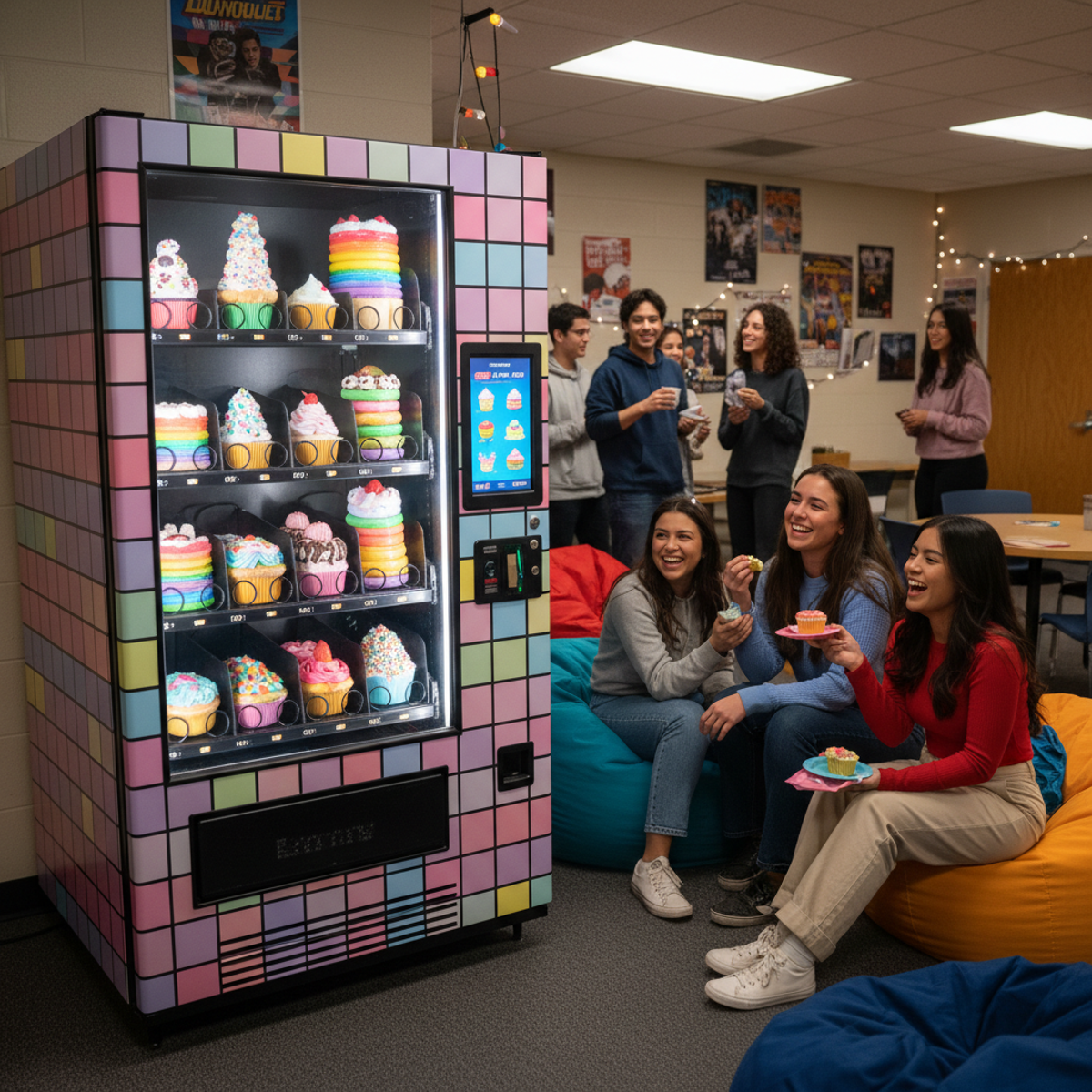 Vibrant cake vending machine in a dorm common room with students enjoying desserts.