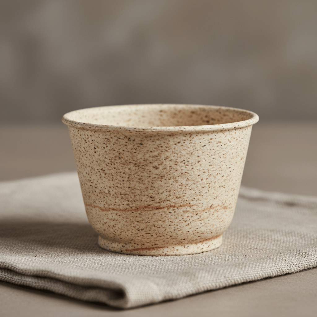 Close-up of a sustainable snack cup made from rice husk and wheat straw on linen.