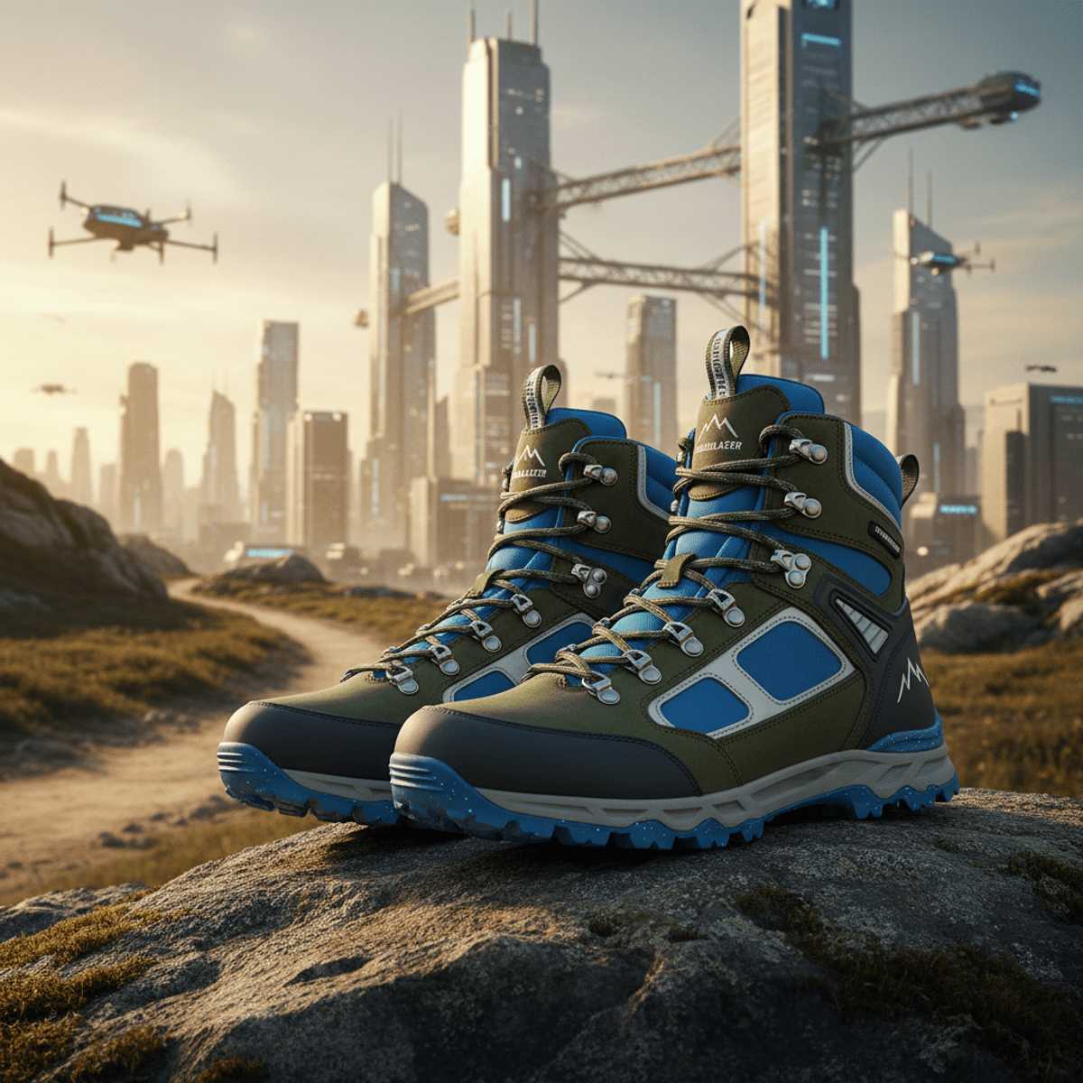 Olive green luxury high-top hiking boots with electric blue and silver accents on a rocky trail.