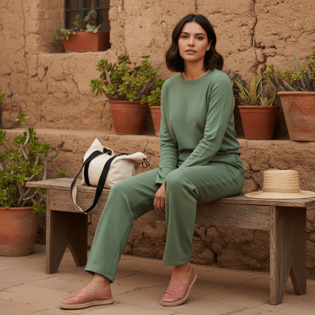 Woman in sage green knit set on rustic bench in rural estancia.