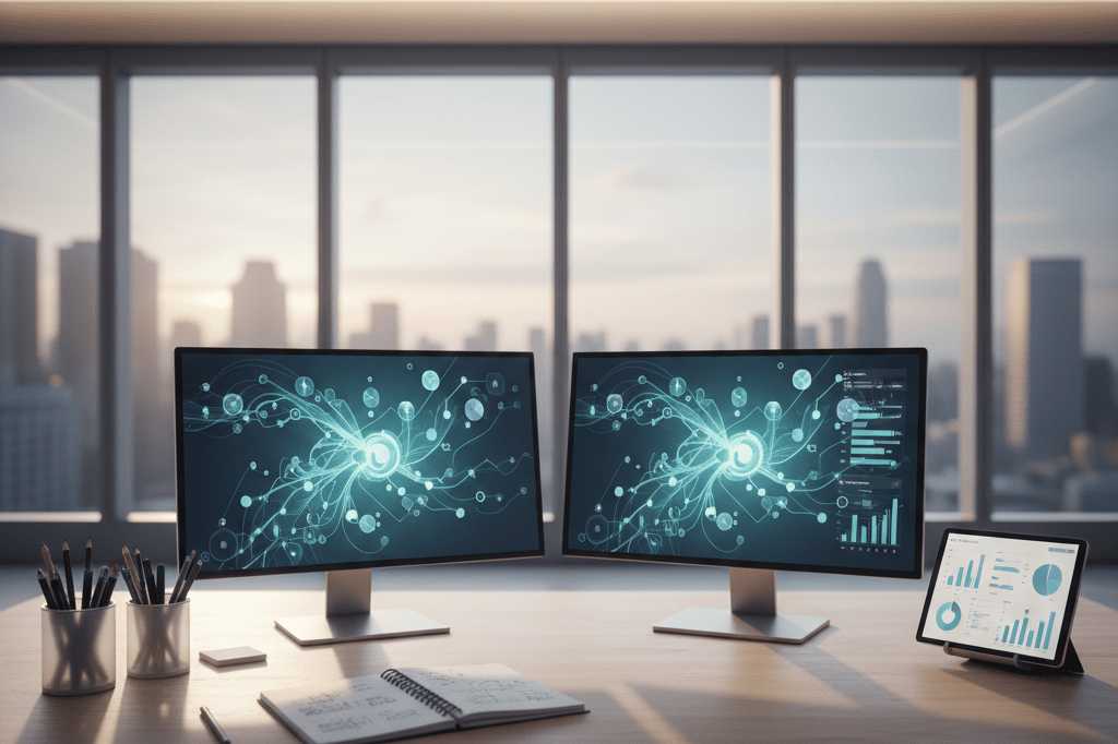 Workspace with dual monitors, abstract charts, and office supplies under natural light symbolizing analytical optimization