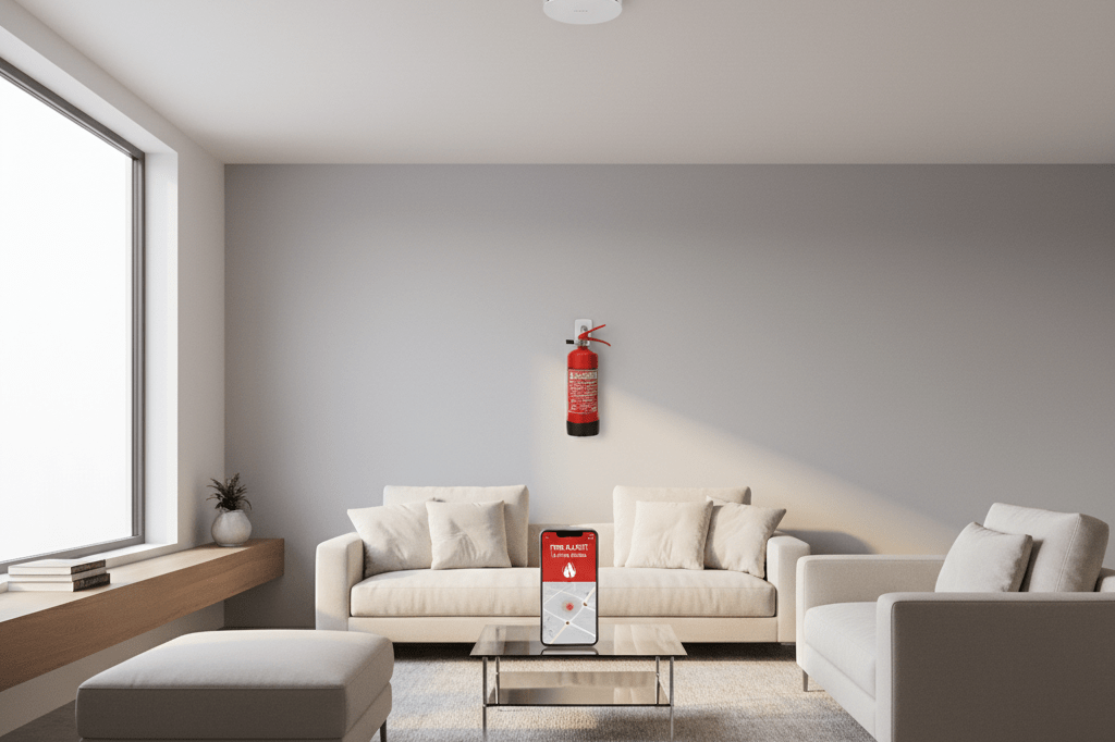 Living room with smart smoke detector, fire extinguisher, and smartphone alert under natural light, showcasing advanced home safety measures