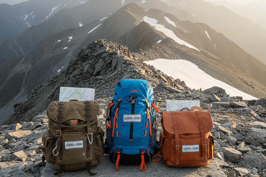 Medium shot of three distinct unlabeled backpacks on a rocky mountain ridge under natural golden-hour light