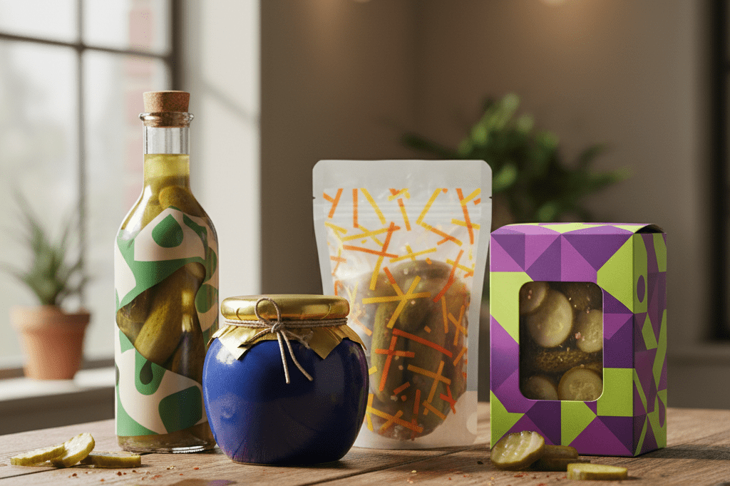 Four uniquely designed pickle product packages with scattered pickle slices on a wooden surface, showcasing limited-edition appeal