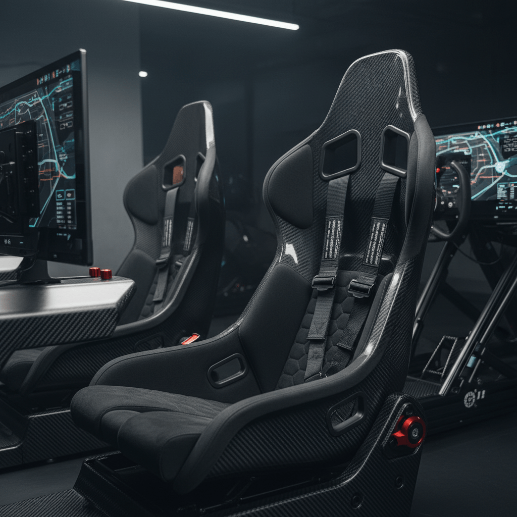 Close-up of raw carbon fiber racing seats in a futuristic simulator cockpit.