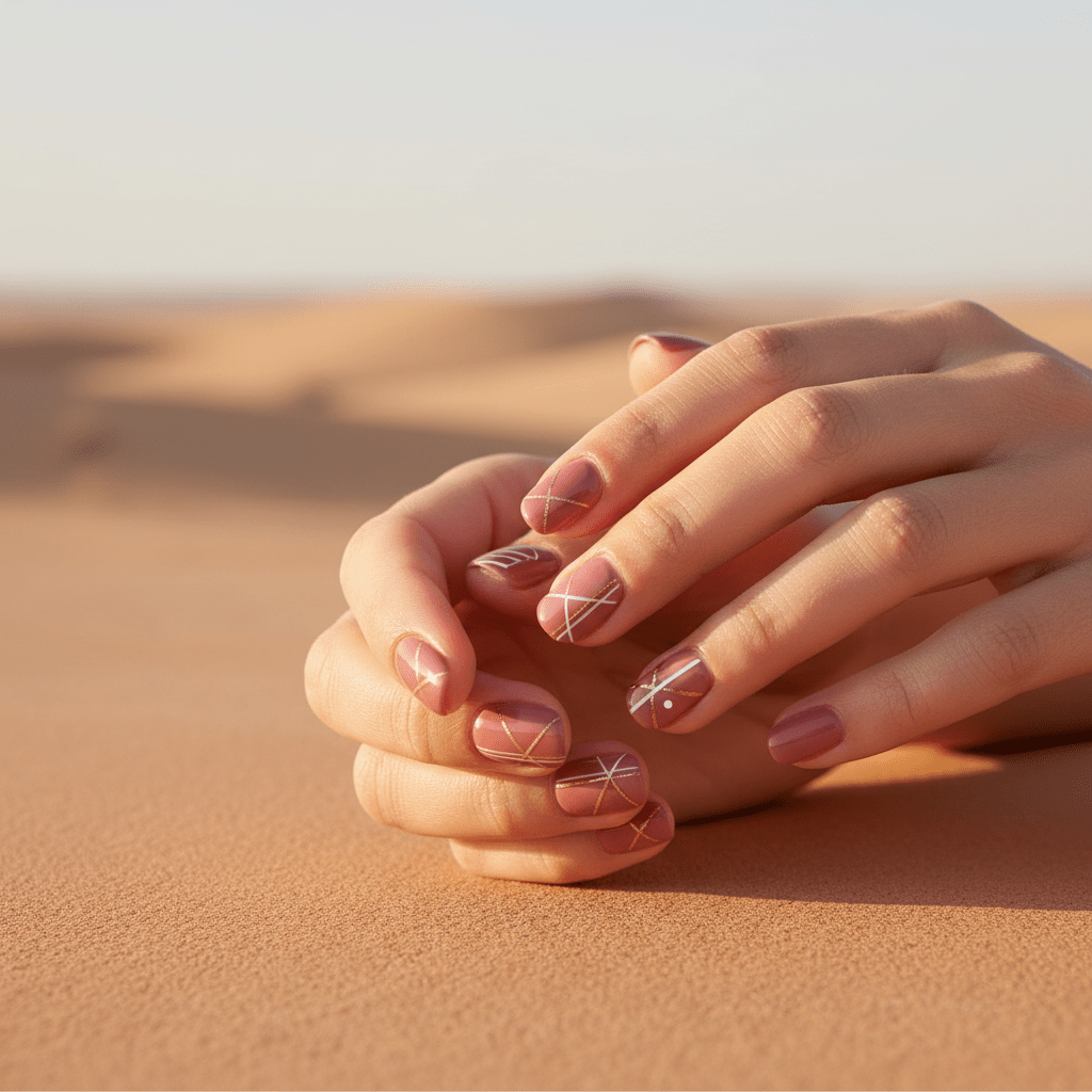 Hands with desert rose nails featuring geometric art on sandstone.