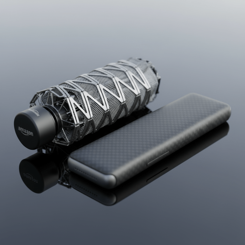 Ultra-compact umbrella collapsed to smartphone thickness with carbon fiber case.