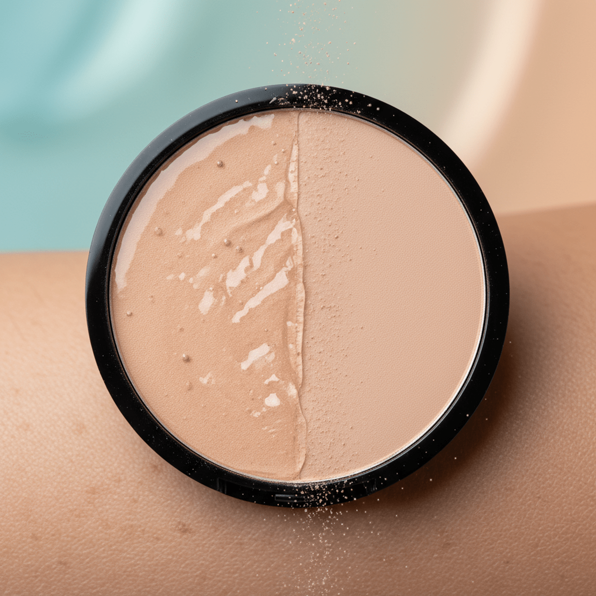 Macro shot of compact powder transitioning from moist gel to matte powder finish.