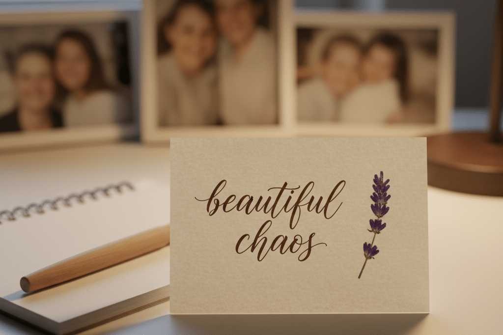 Close-up of a heartfelt handwritten note reading 'beautiful chaos,' surrounded by simple desk items under warm ambient light