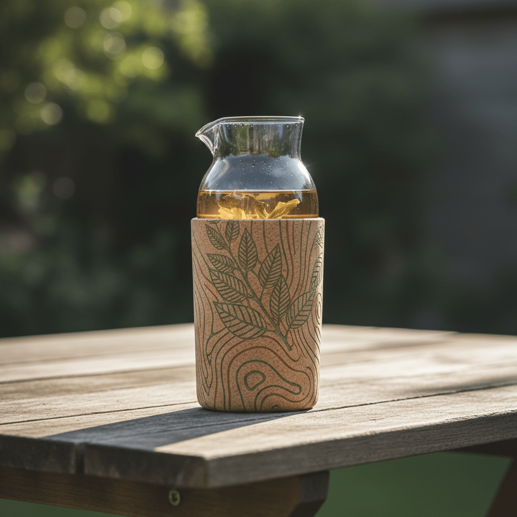 Crystal glass tea bottle with cork sleeve on rustic table in morning light.