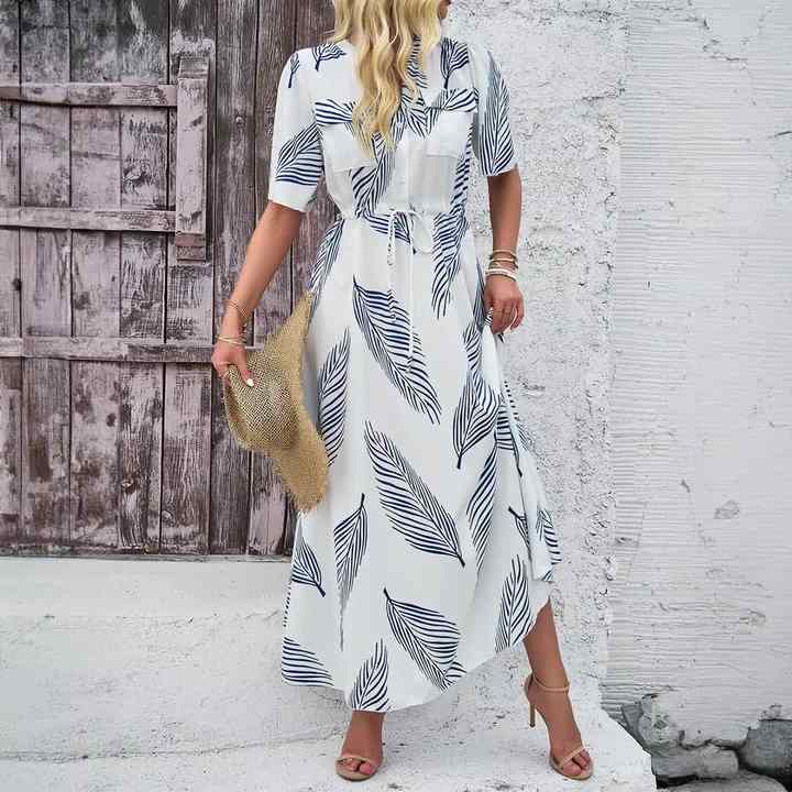 D4734 Spring/Summer Women's Temperament Holiday Style Printed V-Neck Short-Sleeved Dress D4734 Spring/Summer Women's Temperament Holiday Style Printed V-Neck Short-Sleeved Dress